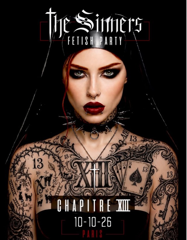 Affiche de l'événement « The Sinners Fetish Party », organisé le 26 octobre 2010 à Paris, représentant une personne portant une coiffe de style religieuse et de nombreux tatouages.